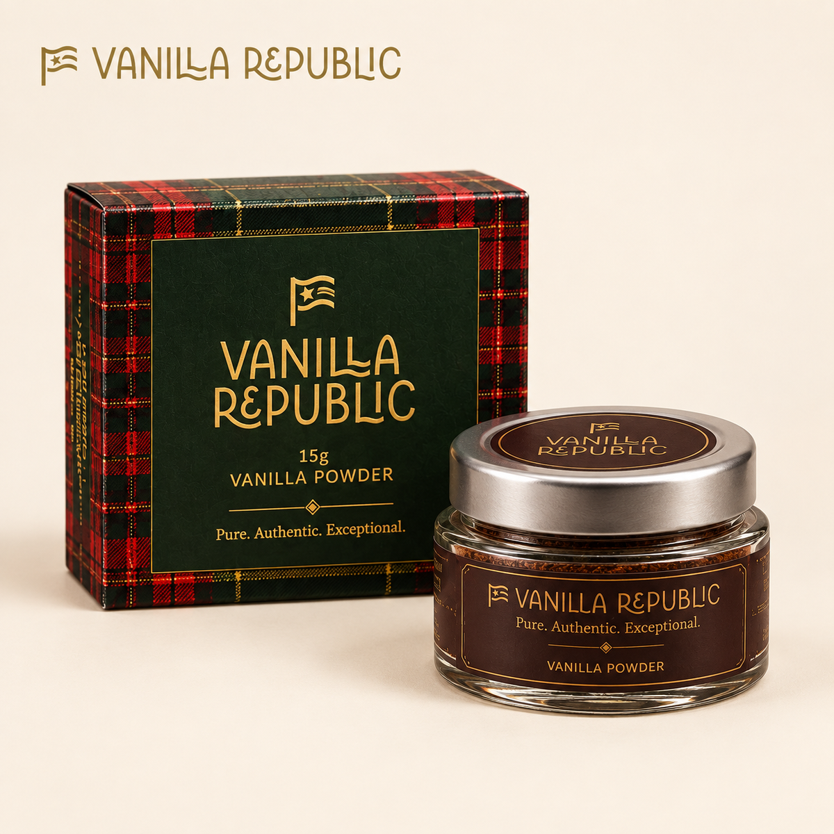 Vanilla Republic powder jar beside its tartan holiday carton on a warm cream background